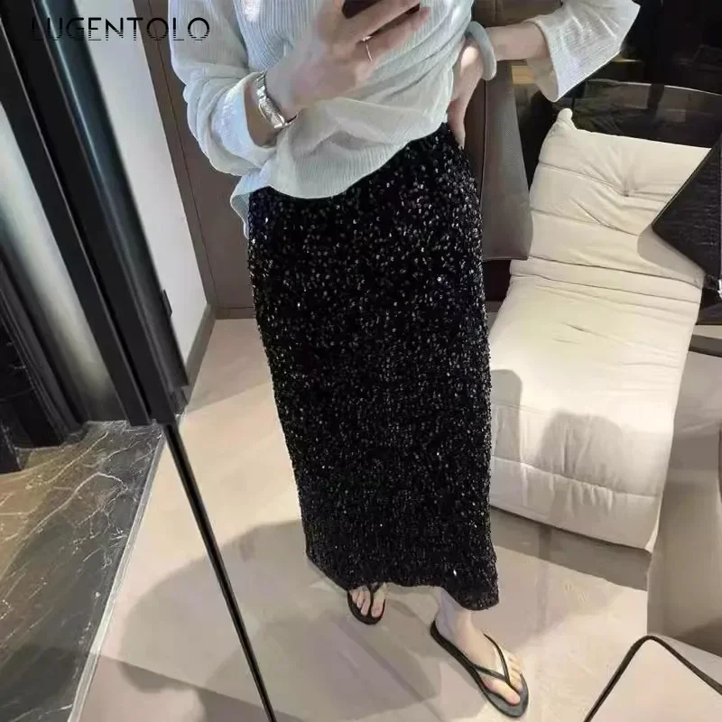 

Women Sequins Skirts Fashion Elastic Waist Party Splits Elasticity Solid Empire Lady Street Casual Elegant Straight Long Skirt