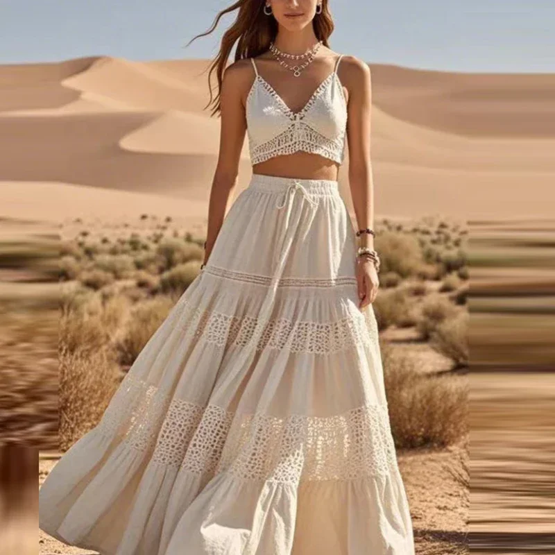 

Summer Embroidered Hollow Lace Crochet Hook Party Dress Suit Sexy Elegant Camisole Waist Revealing Skirt Beach Dresses Women's