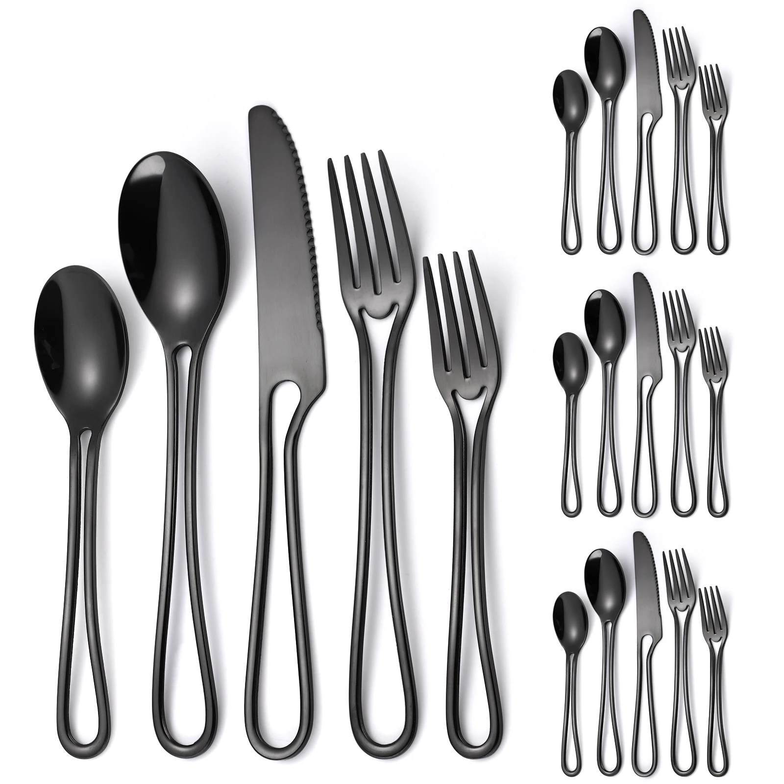 

A · HOUSEWARE Black Silverware Hollow Flatware Set for 4 Stainless Steel Cutlery 20 Piece Hanging Forks Spoons Knives Unique