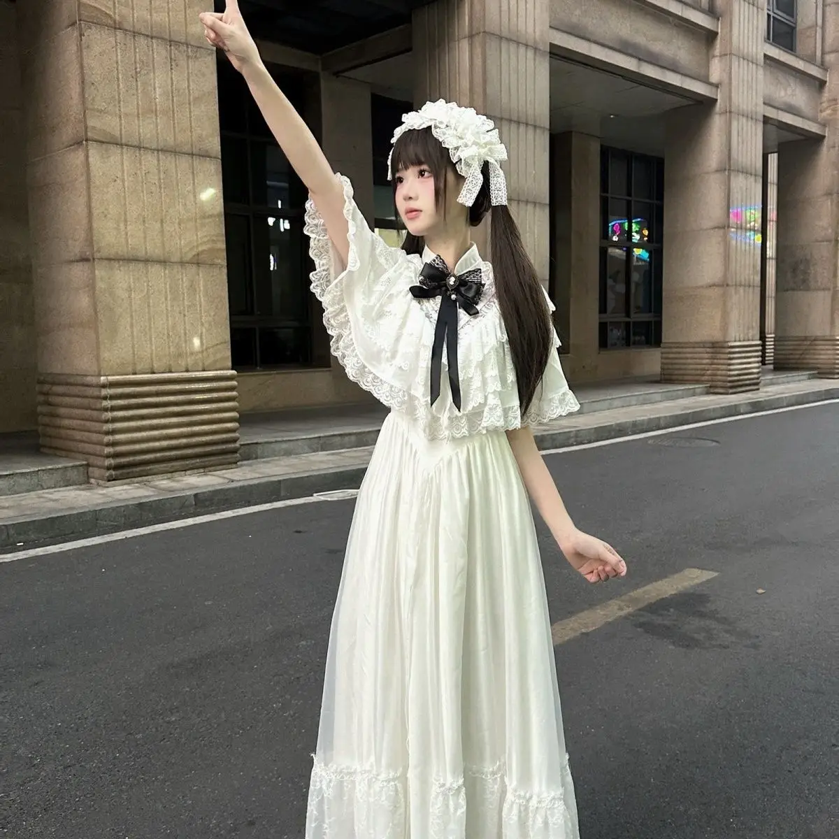 

Women Dresses 2026 Summer New Bow Half Sleeve Lace Dress Long