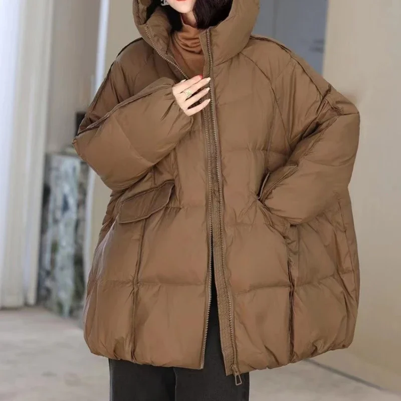 Women's Jacket Winter Warm Loose Fit Hooded Puffer Coat White Duck Down Long Overcoat Casual Outerwear Trendy Soft Winter Parkas