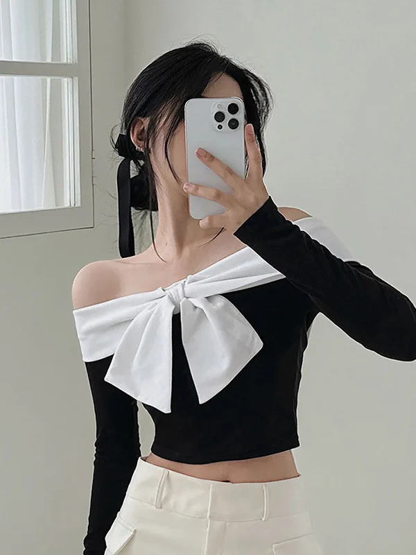 Korean 2024 Autumn/winter Version New Slash Neck Bow Off Shoulder Long Sleeve T-shirt Women Cinching Waist Slim Short Top 6GN5