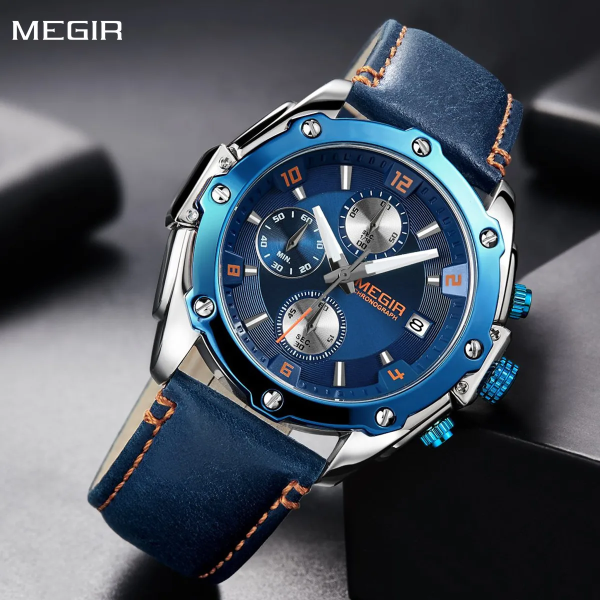 

MEGIR Chronograph Men Watch Relogio Masculino Leather Strap Business Quartz Watch Clock Waterproof Date Army Military Wristwatch