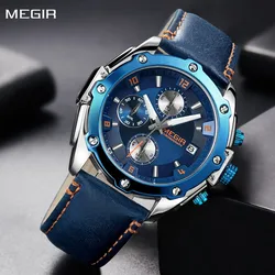 MEGIR Chronograph Men Watch Relogio Masculino Leather Strap Business Quartz Watch Clock Waterproof Date Military Wristwatch 2074