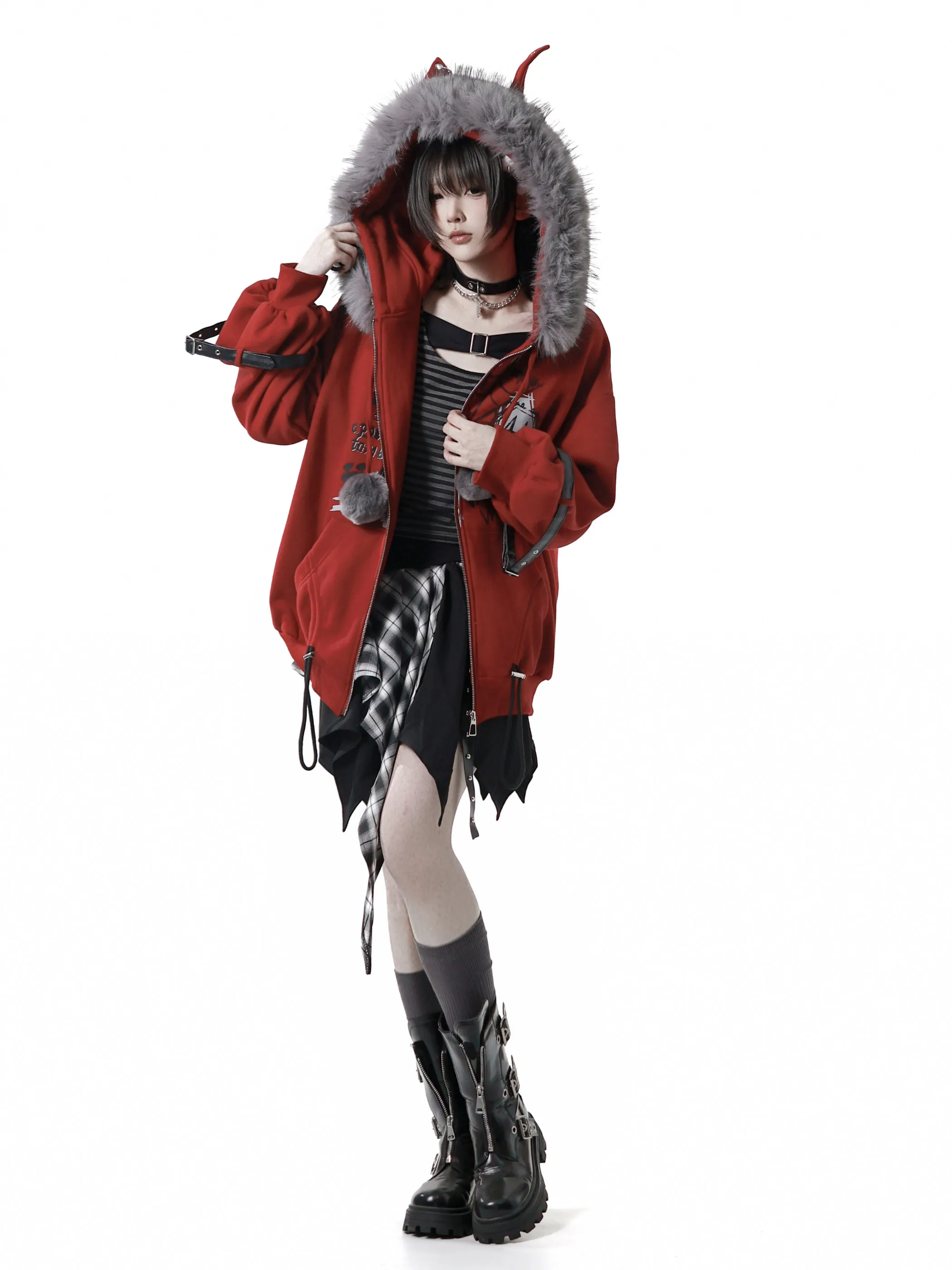Red New Year Special Edition Furry Ball Fleece-Lined Jackets for Women Hoodie Coat Striped Long Sleeve Top Skirt