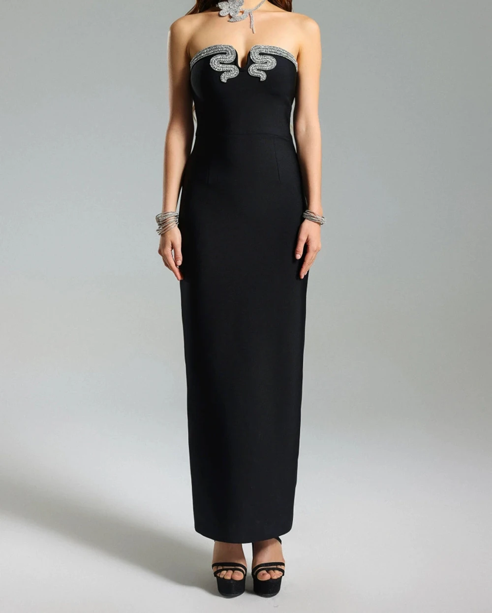 

Black elegant sexy snake-shaped rhinestone sleeveless tube top banquet party long bandage dress for women-GZXX1429