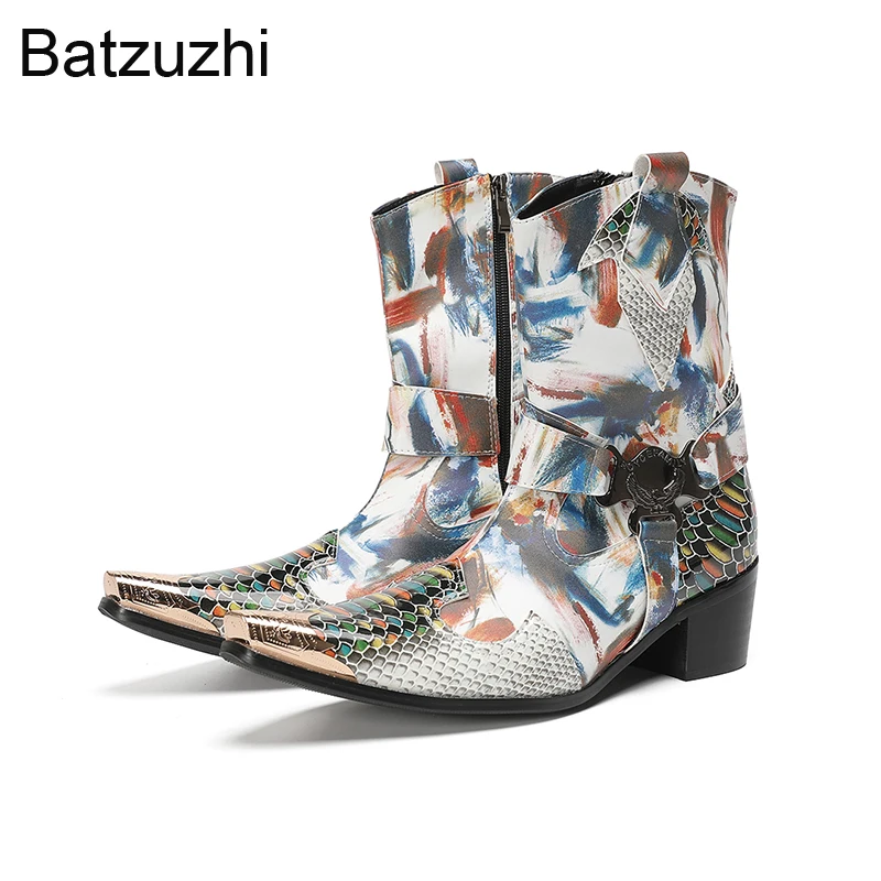 

Batzuzhi Панк Кожаные ботильоны Мужские ботинки на высоком каблуке 6,5 см Мужские ботинки с острым носком и ремешками на молнии с острым железным носком Вечеринка Обувь!