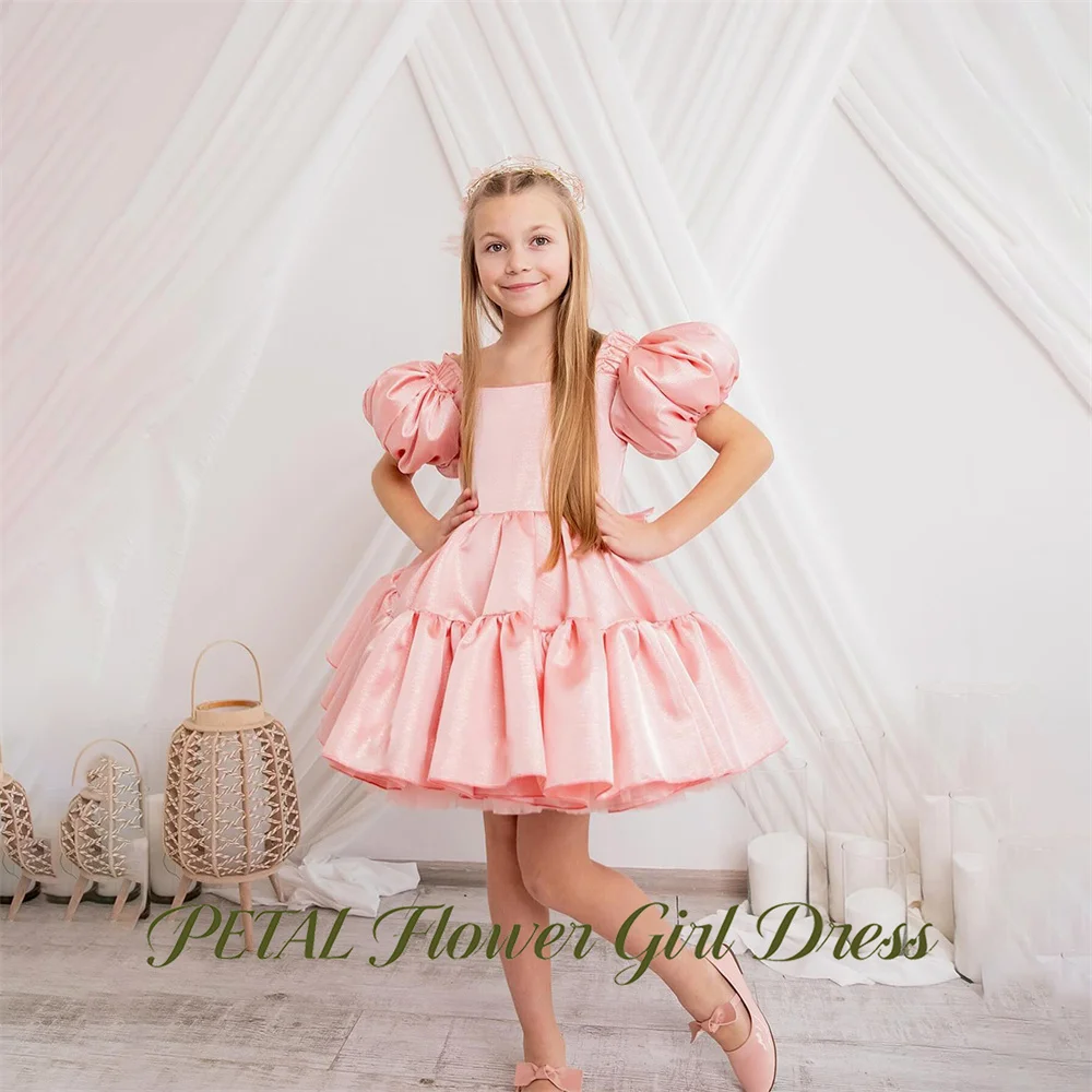 Petal Peach Pink Princess Girls Dress Puff Sleeve First Communion Gown Big Bow at Back Waist Children Birthday Wedding Dresses