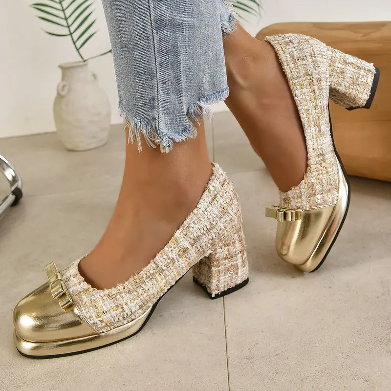 Extra Big Size 46 47 48 Tweed Plaid Gingham Luxury Women Slip On Shoes Spring Autumn Square Heels Loafer Patchwork Gold Pumps