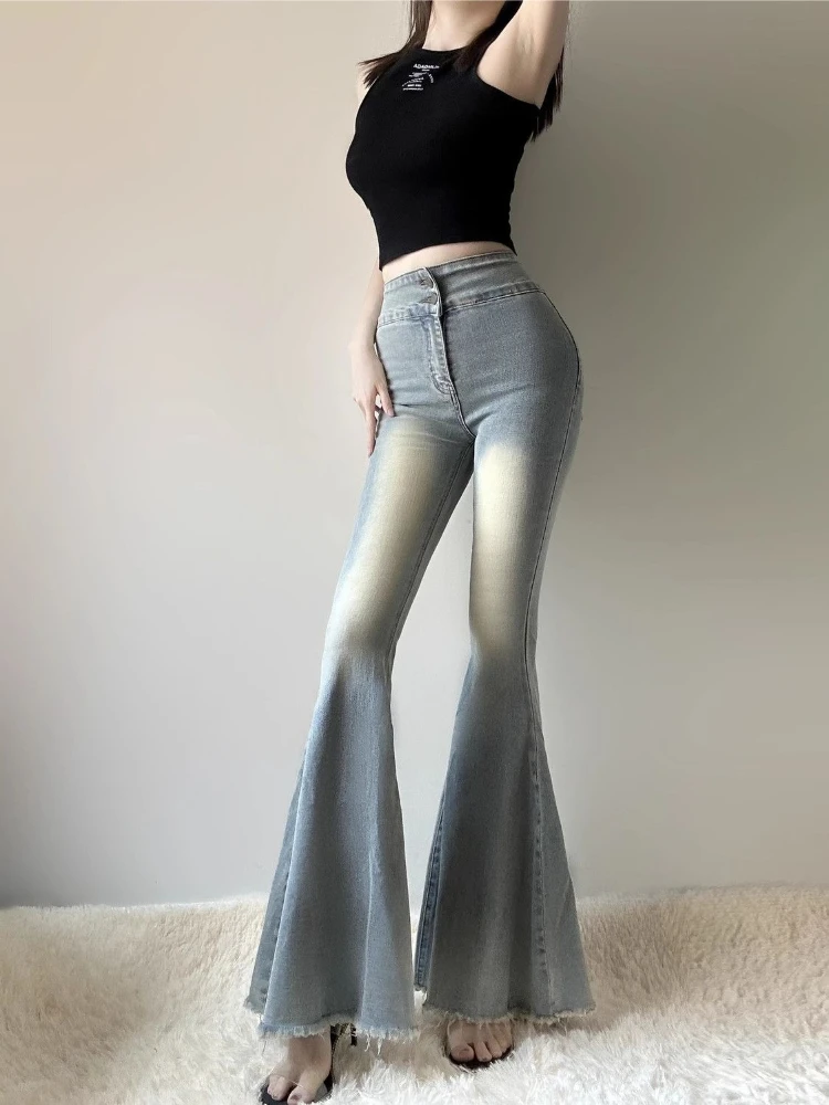Women's Flared Jeans High Waist Stretch Bootcut Denim Pants Ripped Hem Figure Hugging Retro Chic Spring