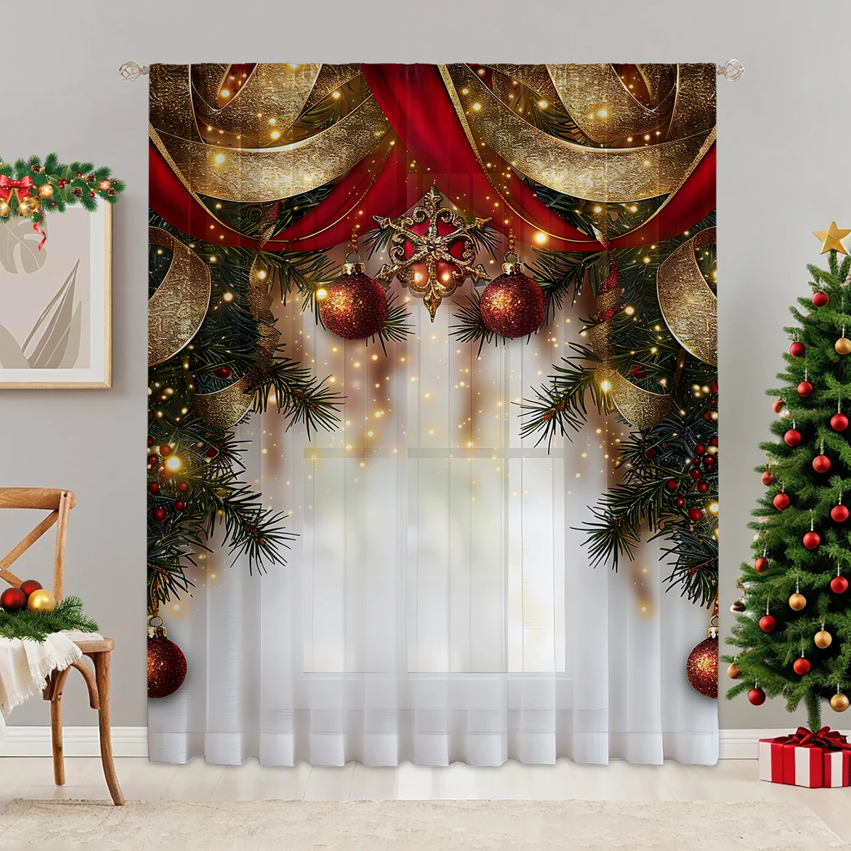 1Pc Christmas-Themed Curtain with Gold and Red Ribbon and Pine Branch Design, Lightweight and Breathable 100% Polyester Material, with Rod Pocket Design, Convenient Decoration, Suitable for Living Room, Bedroom, Dining Area, Office and Balcony Decoration