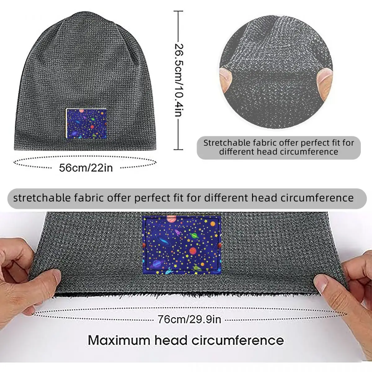 Starry Sky Space Galaxy Sun Moon Waffle Knit Fleece Lined Beanie with PU Leather Patch Unisex Warm Winter Soft Cap