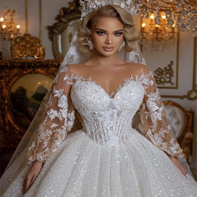 Arabic Dubai Luxury Wedding Dress 2023 Sheer Neck With Lace Appliques Glitter Tulle Bride Gowns Lantern Sleeve Vestidos De Novia