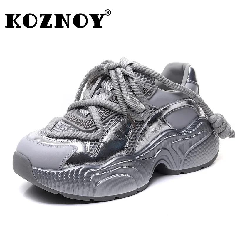 Koznoy 6cm Air Mesh Synthetic Genuine Leather Women Shoes Ladies Vulcanize Summer Platform Sneakers High Brand Casual Breathable