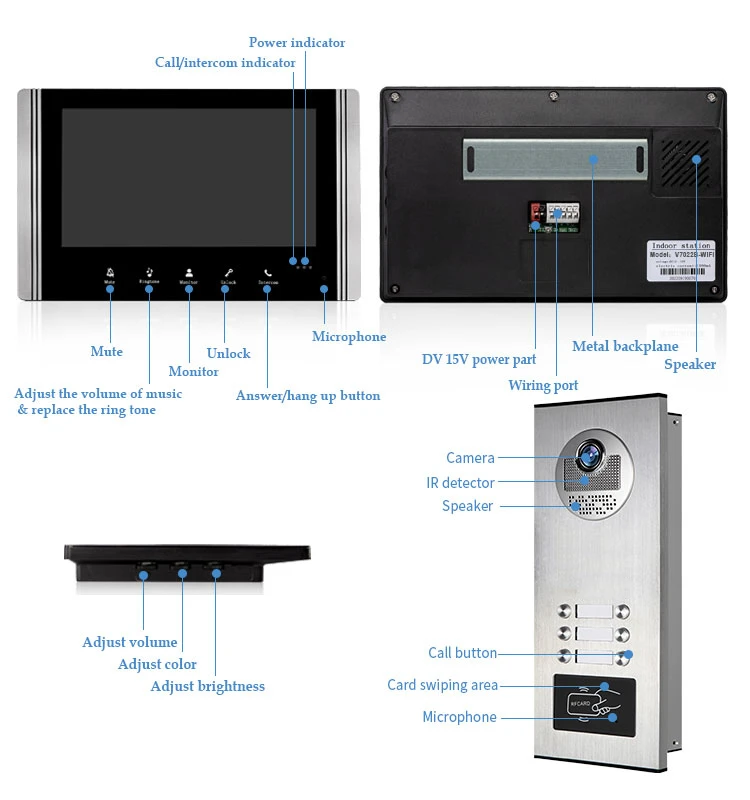 7 Inch Wifi Video Door Bell Intercom System with RFID Doorbell Camera 2~6 Family Multi nits Apartment Video Door Phone Intercom