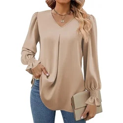 Fashion Solid Color Pleated Flared Sleeve Shirt Women V Neck Pullover Chiffon Blouse Female Elegant Office Commuter Casual Tops