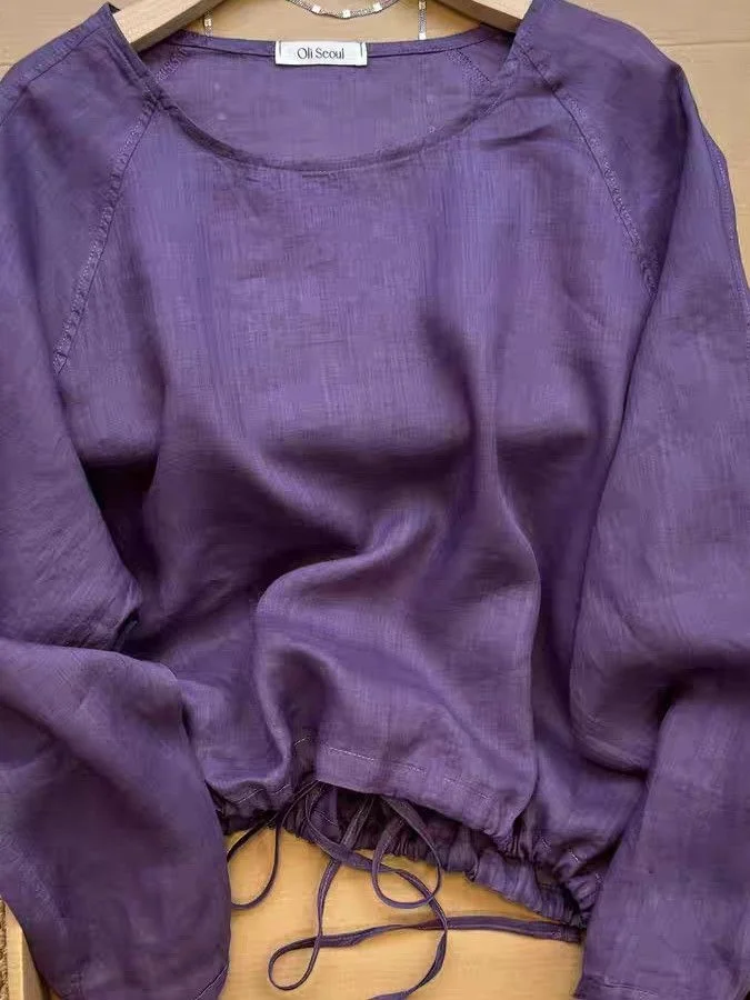 

Stunning Purple Long Sleeve round Neck Women's Top Early Autumn 2025 New Drawstring Hem Sun Protection Shirt Commute Style Lo...