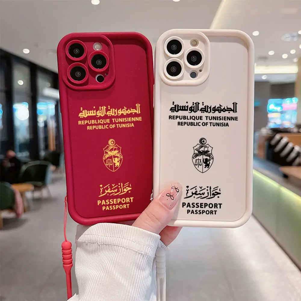 Tunisia Passport Phone Case for IPhone 16 15 14 13 12 11 Pro Max Mini XR XS X 7 8 Plus Soft TPU Back Cover With Hand Strap