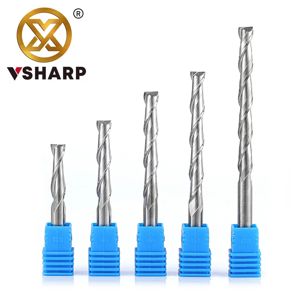 Vsharp 2 Flutes Spiral  End Mill CNC Engraving Router Bit Flat Nose Upcut Milling Cutter Tool Carbide Bits for Wood MDF PVC