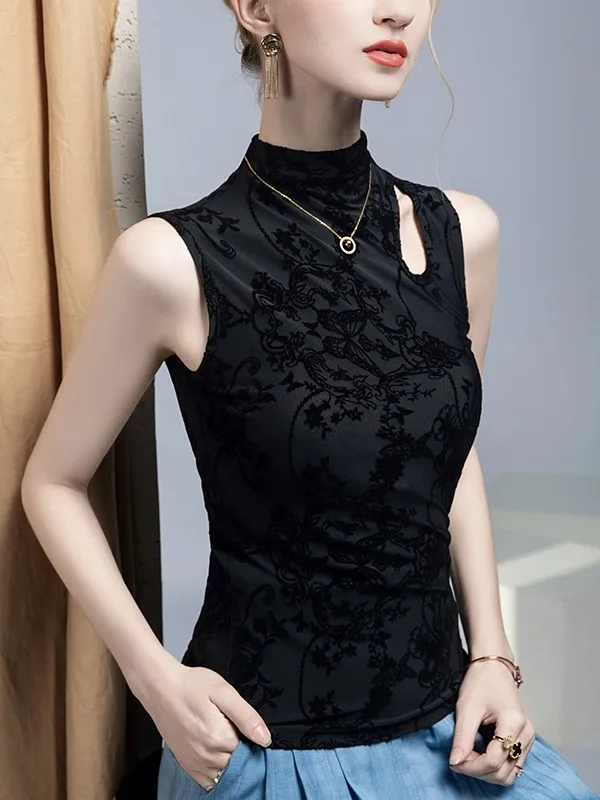 MadBlack-Women's European Flocking Vest, Sexy Stand Hollowed-out, Streetwear Hotsweet S-3XL Slim Camisole, 2026 Summer T67368CC