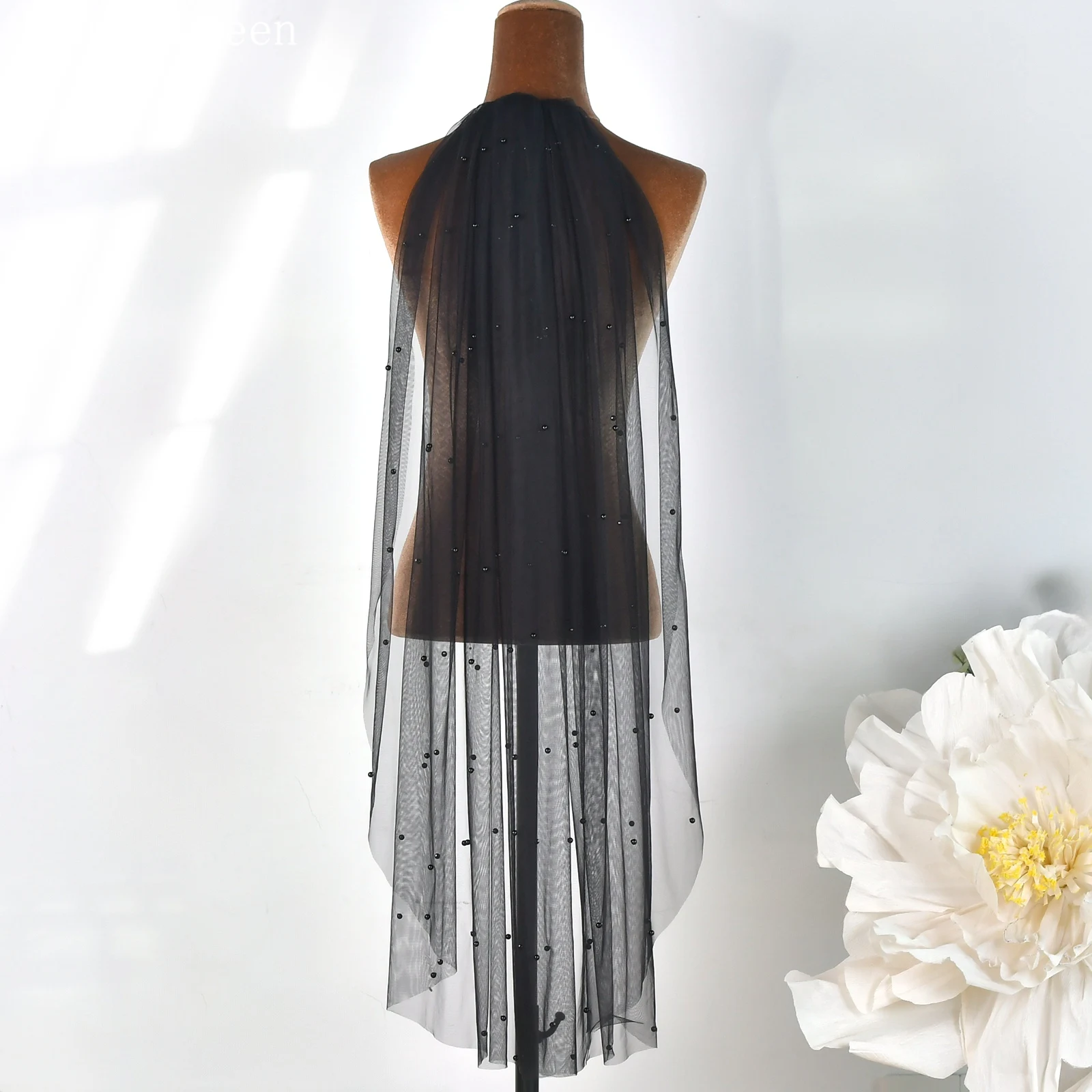TOPQUEEN V05-B HOT 3 Meters Long Woman Black Veil Multi Size Black Beaded Long Veil Wedding Party Bridal Church Veil