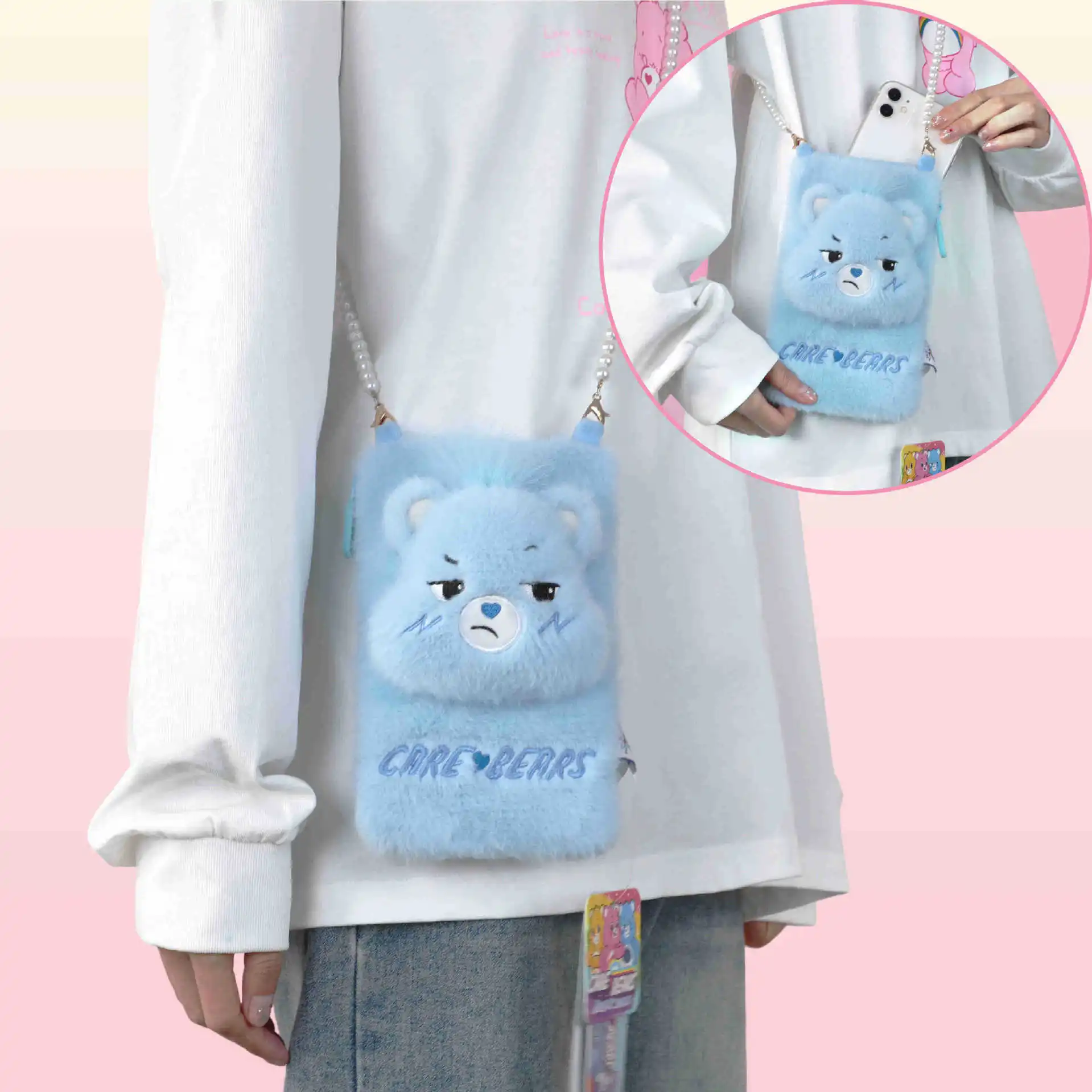 bolsa-de-telefone-plush-kawaii-care-bears-com-correntes-de-perolas-mini-bolsa-de-ombro-plush-para-meninas-bolsa-pequena-de-cartoon