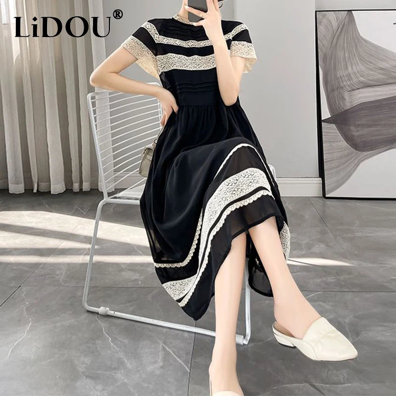 Summer New Lace Patchwork Loose Casual Robe Femme Short Sleeve Elegant Fashion A-line Vestidos Women Vintage Vestidos De Fiesta