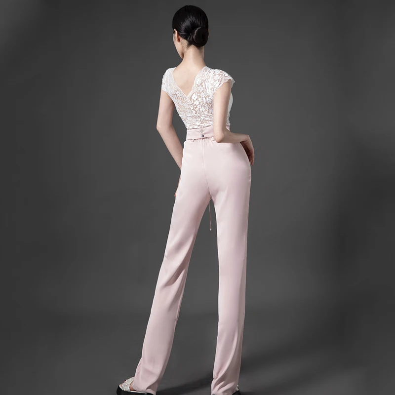 2023 New Modern Dance Performance Costumes For Women White Sling Tops Pink Pants Suit Chacha Samba Latin Dance Clothes DQS13282