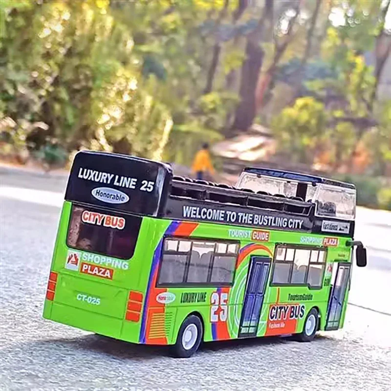 1:32 Double Decker Sightseeing Bus Alloy Car Model Simulation Diecast City Tourist Vehicle Toy Sound Light Collection Kids Gift