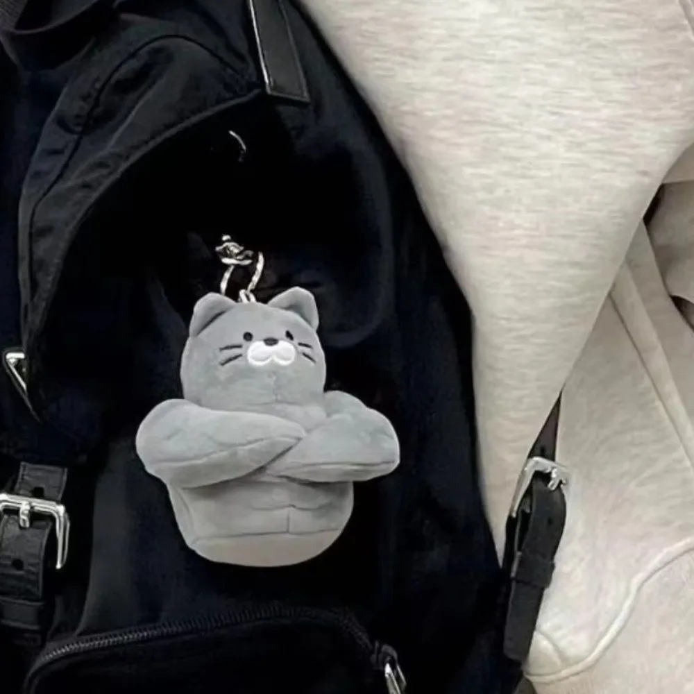 Soft Muscle Cat Plush Keychain Gray Color Muscular Animal Cat Plush Pendant Fluffy Funny Design Cartoon Plush Keyring Cat Lovers