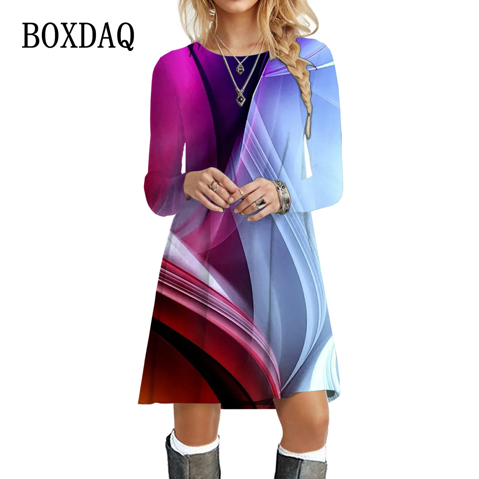 Vestidos con estampado de rayas degradadas en 3D para mujer, jerseys de cuello redondo de calle de manga larga a la moda, vestido informal de gran tamaño para otoño