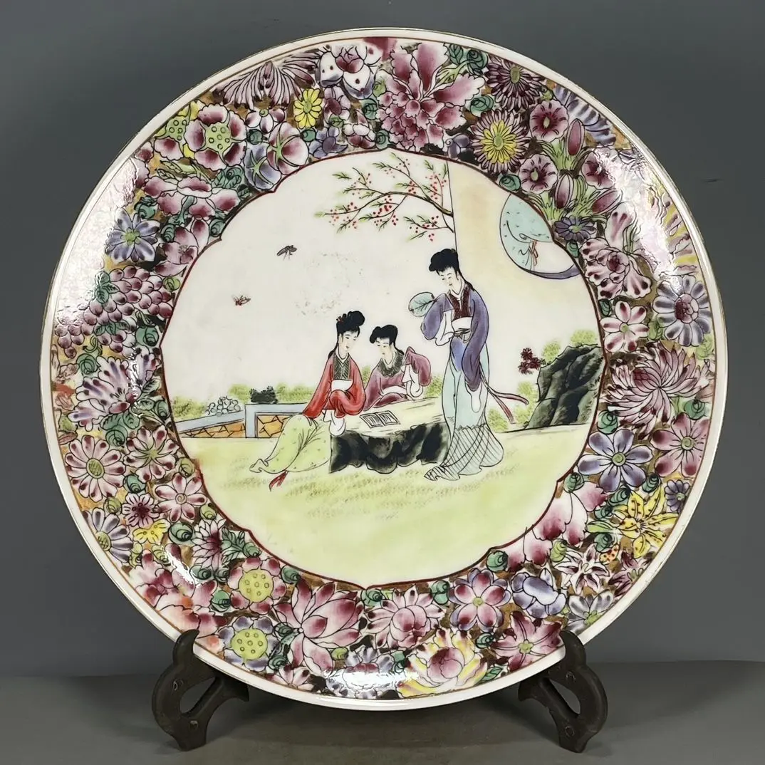 Chinese Qing Qianlong Hand Painted Wucai Figure Porcelain Plate Oriental Collectible Ornament