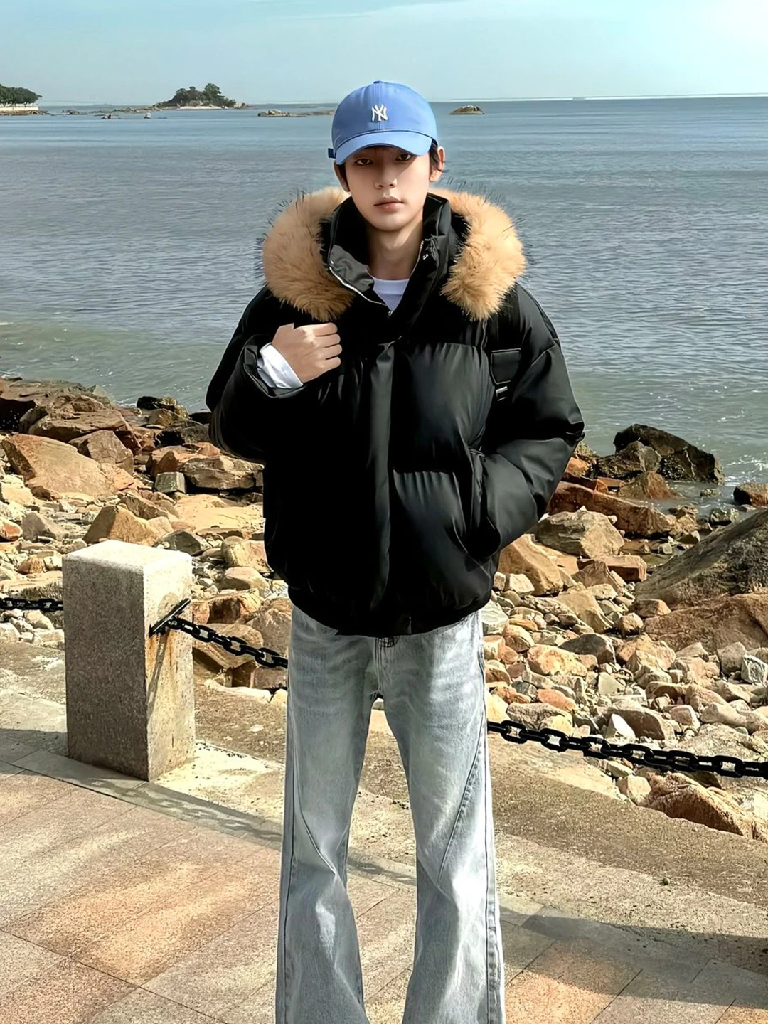 

Мужская зимняя куртка Bla с отстегивающимся меховым воротником, из искусственной кожи, с капюшоном, утепленная хлопком, для активного отдыха, на молнии