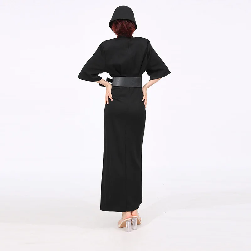 HKSH Spring Summer New Women Long Dress Short Sleeve Spliced Lace Color Block Belt Padded Shoulder Split Elegant Dresses HK16630