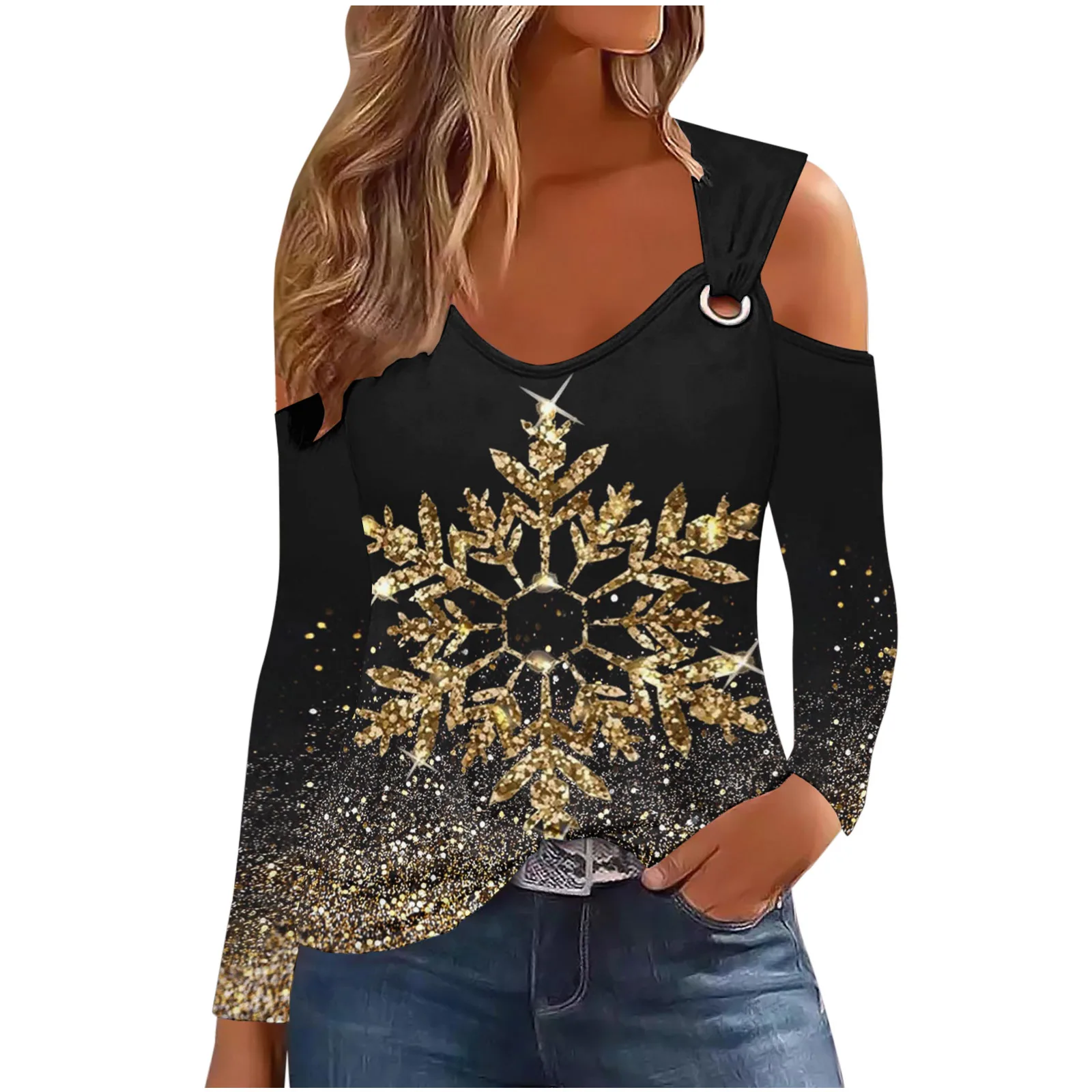 Sexy Off Shoulder Long Sleeve T Shirt Women 2024 Autumn Christmas Snowflakes Print T-shirt For Women Top Feem Tees Casual Tops
