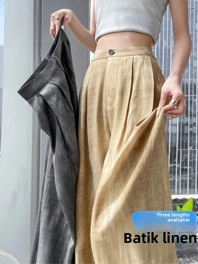 

Летние тонкие хлопково-льняные брюки с широкими штанинами для женщин, свободные повседневные прямые брюки, укороченные, с эффектом окрашивания, Sembach, новинка лета