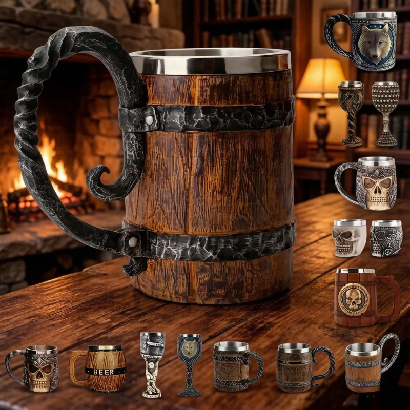 Jarra de Cerveza Estilo Vikingo, Taza Metálica Aislada de Doble Pared con Simulación de Barril de Madera, 1 Pieza, Jarra para Beber en el Bar
