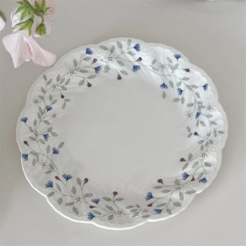 French Muse Blue Flower Branch Printed Ceramic Tableware Dinner Plate Dessert Plates Coffee Cup and Saucer