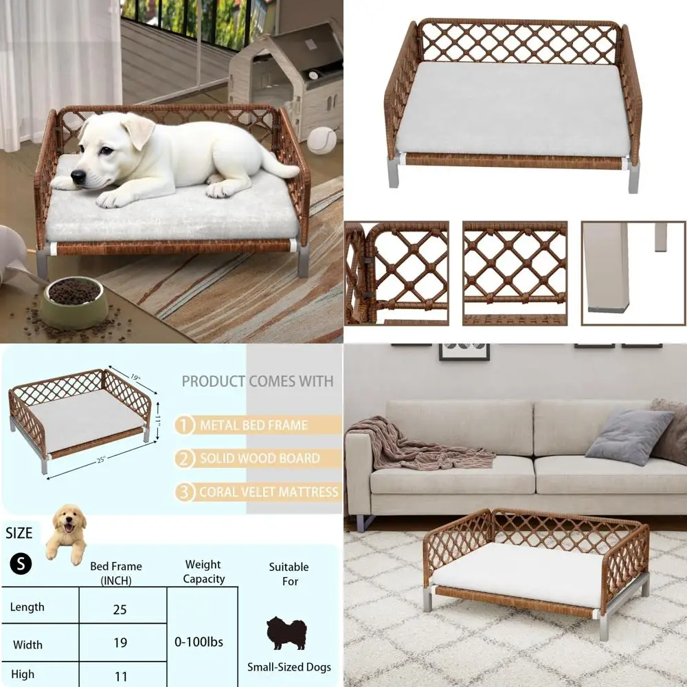 Tempat tidur anjing ortopedi anyaman rotan cokelat dengan bantalan yang dapat dilepas dan dicuci serta penyangga busa egg crate untuk penggunaan di luar ruangan