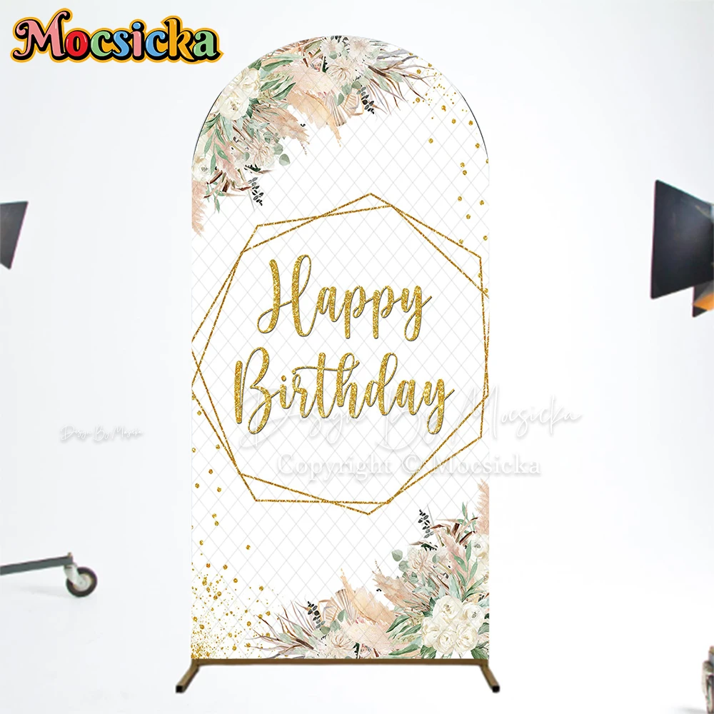 Mocsicka Happy Birthday Backdrops Arch Cover Double-Sided Wedding Baby Girl Photo Arched Background Flowers Rose Decor Photocall