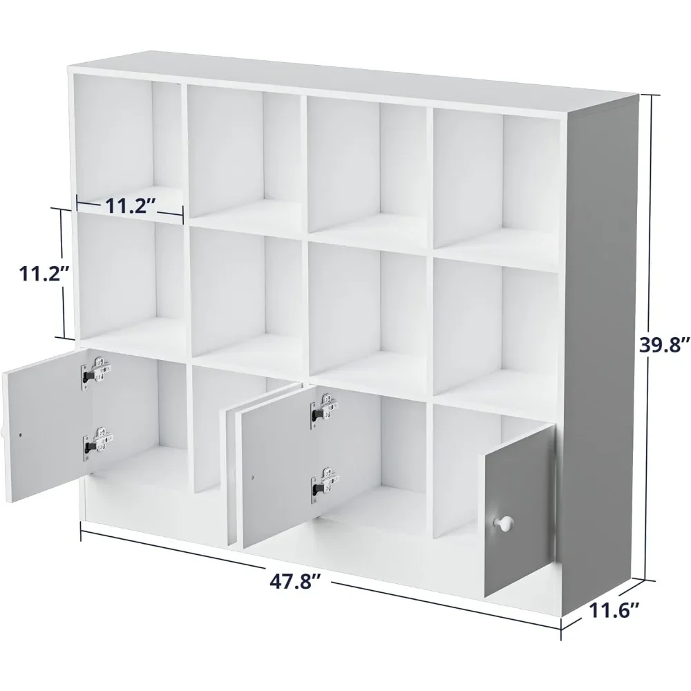 White Wood Bookcase,12 Cube Storage Organizer Bookshelf with 4 Doors,3 Tier Storage Cabinet with Adjustable Shelves for Bedroom