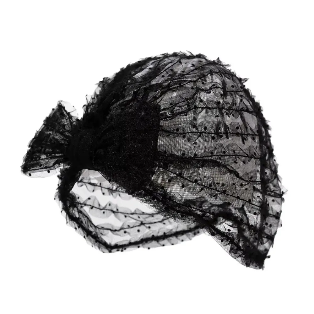 Breathable Polka Dot Mesh Bonnet Wrinkle Lace Retro Style Wrinkle Lace Turban Folded Design Chic Design Headscarf Hat for Women