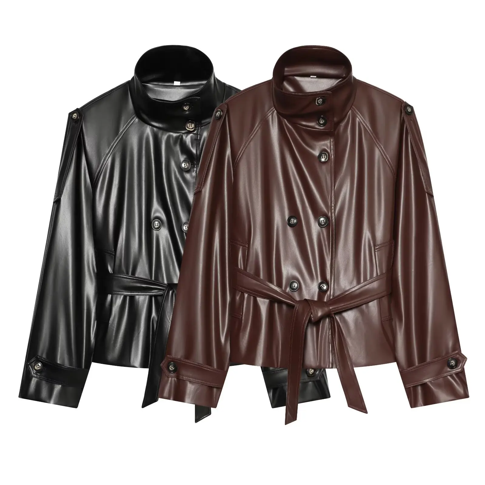 Women's Short Leather Effect Trench Coat, Lapel Double Breasted Windbreaker with Belt, Vintage Faux Leather Jacket
