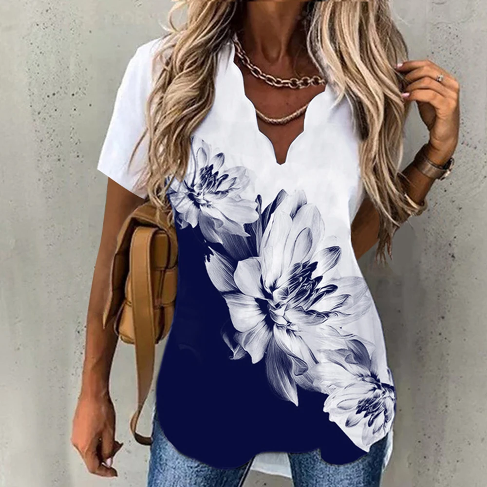 Wave Neck Asymmetric Printed Shirt Short Sleeved 2023 New Women Summer Style Top Loose Oversized T-Shirt