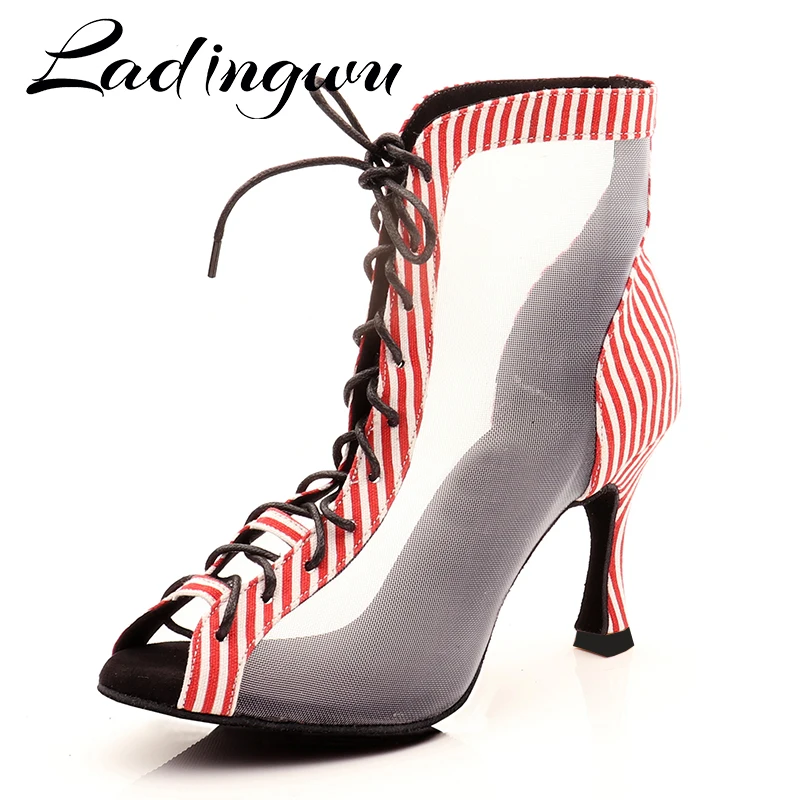 Ladingwu Women's Stripe Denim And Mesh Dance Boots Latin Tango Ballroom Salsa Shoes Ladies Dancing Footwear