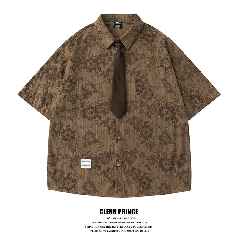 BEIANJI 2025 new men clothing American retro corduroy floral short-sleeved shirt men's summer loose couple tie shirt for mens