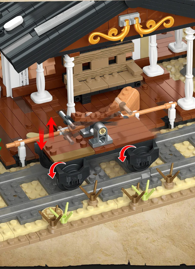 Kreatives Architektur-Modell „Amerikanische Western-Eisenbahn“ aus Bausteinen, Lernspielzeug mit Beleuchtung – Detail 8