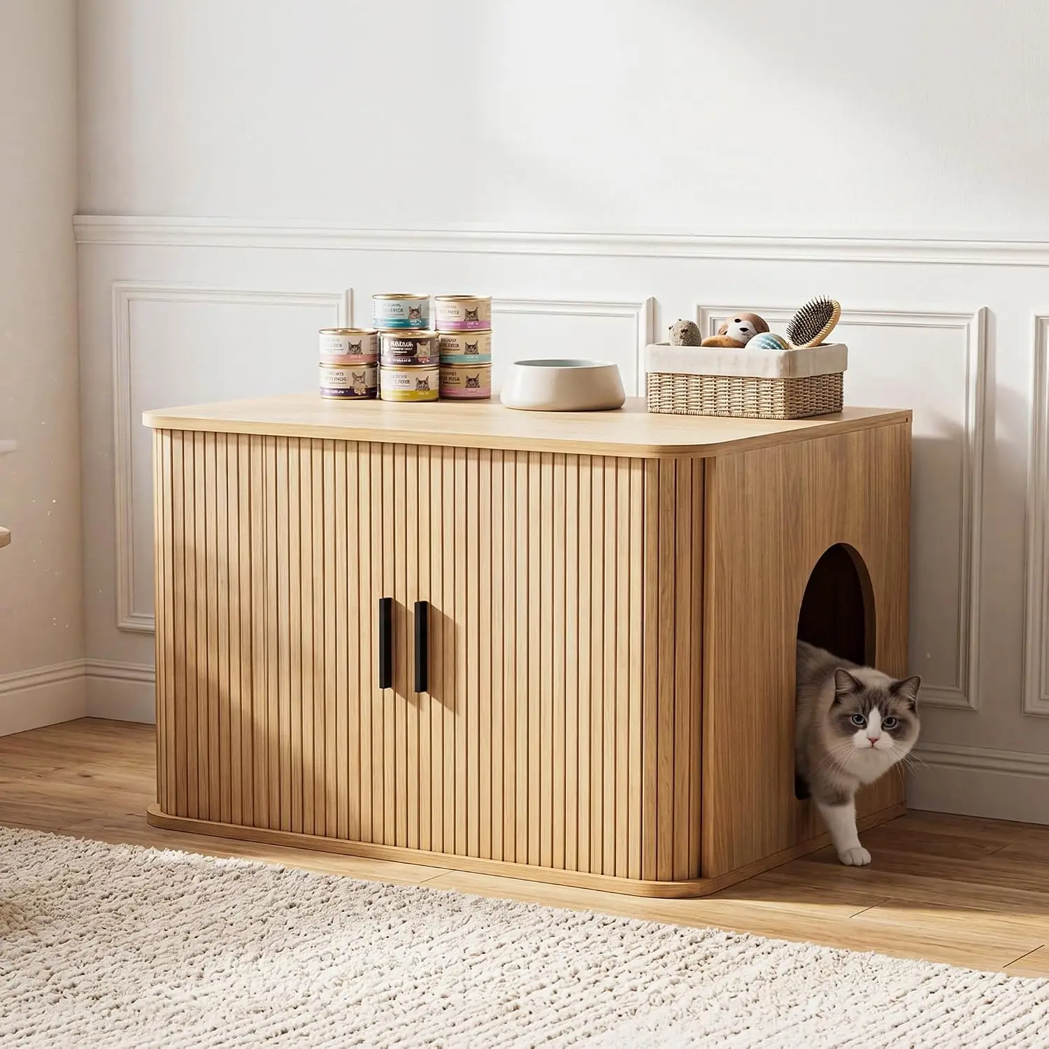 31.5 Inch Natural Cat Litter Box Enclosure, Hidden Litter Cabinet with Sliding Door, Spacious Pet Proof Furniture