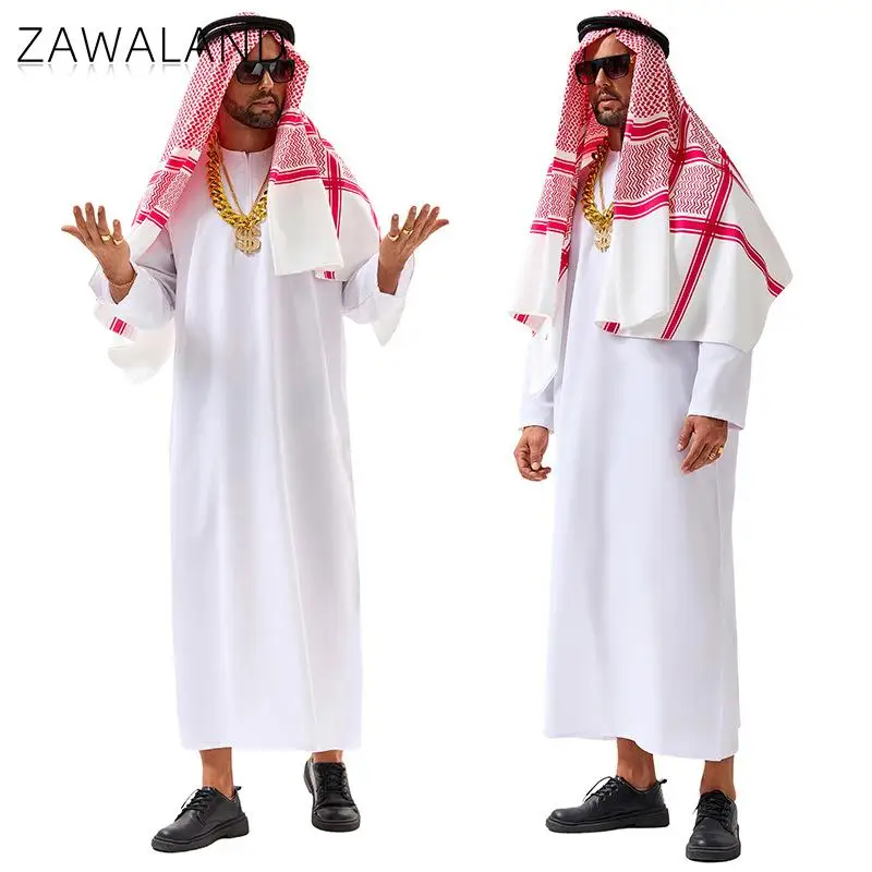 

Zawaland арабский шейх косплей костюм для взрослых праздничное платье наряд мужской необычный белый халат с платком традиционная одежда