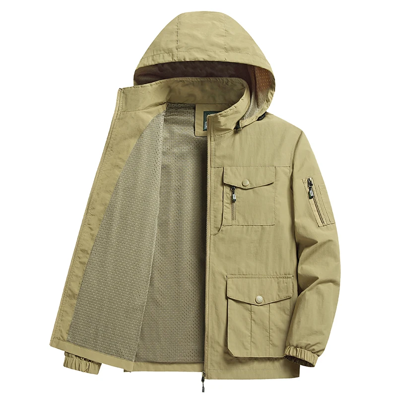 Wodoodporne z wieloma kieszeniami kurtki outdoorowe mężczyźni w kolorze Khaki zielone wiatrówki z kapturem zdejmowane płaszcze Plus rozmiar 6xl 7xl 8xl